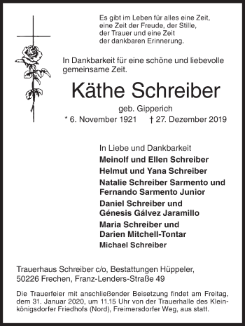 Traueranzeige von Käthe Schreiber von Siegener Zeitung