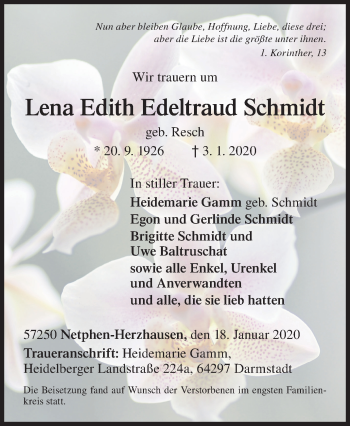 Traueranzeige von Lena Edith Edeltraud Schmidt von Siegener Zeitung