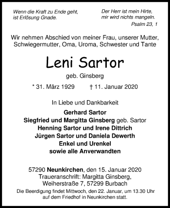 Traueranzeige von Leni Sartor von Siegener Zeitung
