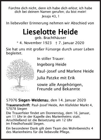 Traueranzeige von Lieselotte Heide von Siegener Zeitung