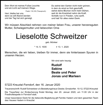Traueranzeige von Lieselotte Schweitzer von Siegener Zeitung