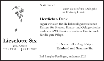 Traueranzeige von Lieselotte Six von Siegener Zeitung
