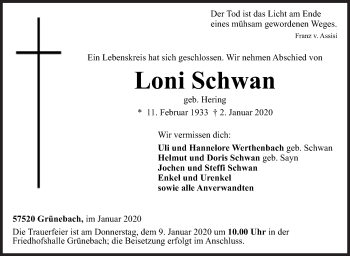 Traueranzeige von Loni Schwan von Siegener Zeitung