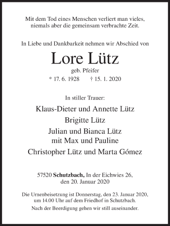Traueranzeige von Lore Lütz von Siegener Zeitung