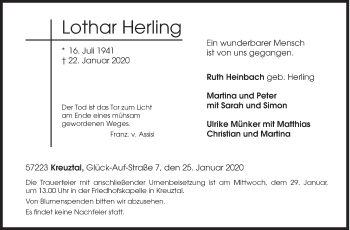 Traueranzeige von Lothar Herling von Siegener Zeitung