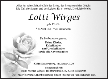 Traueranzeige von Lotti Wirges von Siegener Zeitung