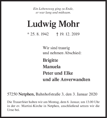Traueranzeige von Ludwig Mohr von Siegener Zeitung