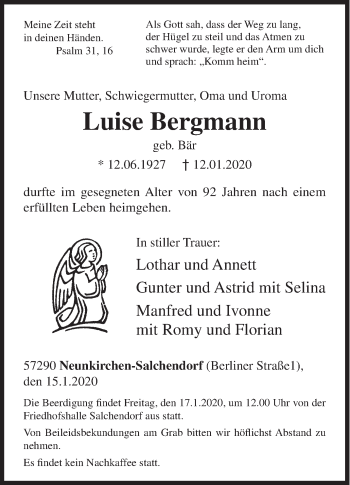Traueranzeige von Luise Bergmann von Siegener Zeitung