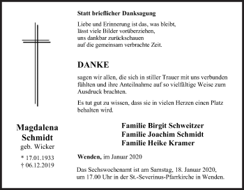 Traueranzeige von Magdalena Schmidt von Siegener Zeitung