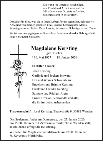 Traueranzeige von Magdalene Kersting von Siegener Zeitung