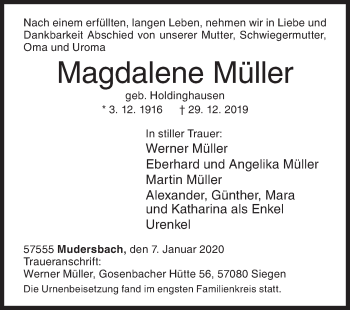 Traueranzeige von Magdalene Müller von Siegener Zeitung