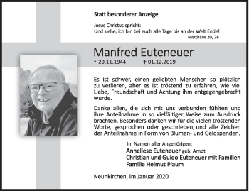 Traueranzeige von Manfred Euteneuer von Siegener Zeitung