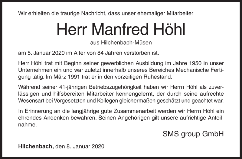  Traueranzeige für Manfred Höhl vom 08.01.2020 aus Siegener Zeitung