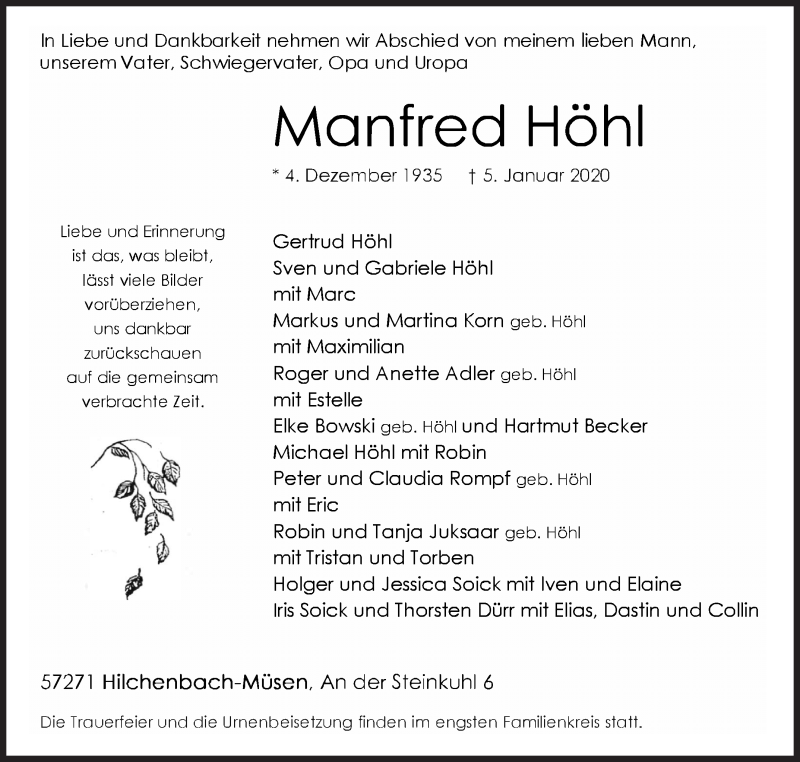 Traueranzeige für Manfred Höhl vom 07.01.2020 aus Siegener Zeitung