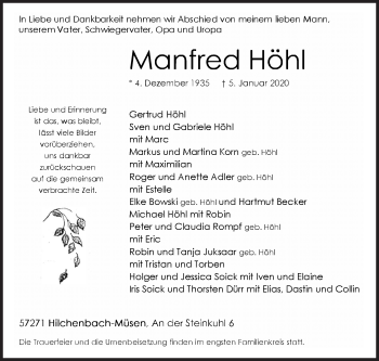 Traueranzeige von Manfred Höhl von Siegener Zeitung