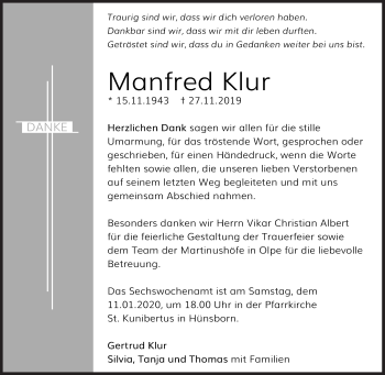 Traueranzeige von Manfred Klur von Siegener Zeitung