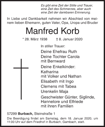 Traueranzeige von Manfred Korb von Siegener Zeitung