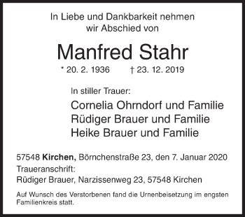 Traueranzeige von Manfred Stahr von Siegener Zeitung