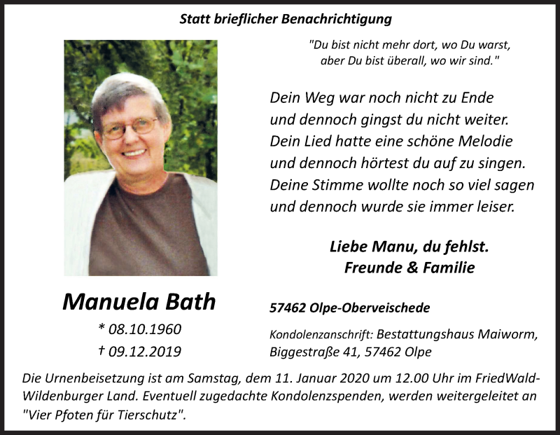  Traueranzeige für Manuela Bath vom 04.01.2020 aus Siegener Zeitung