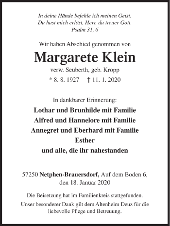 Traueranzeige von Margarete Klein von Siegener Zeitung