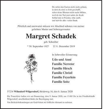 Traueranzeige von Margret Schadek von Siegener Zeitung