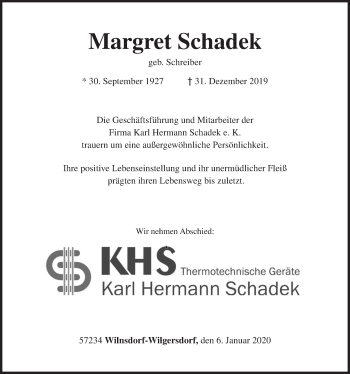 Traueranzeige von Margret Schadek von Siegener Zeitung