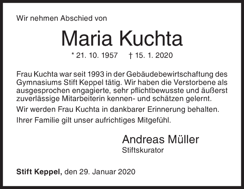  Traueranzeige für Maria Kuchta vom 29.01.2020 aus Siegener Zeitung