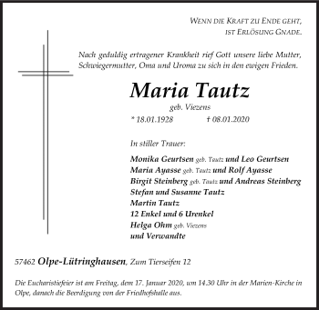 Traueranzeige von Maria Tautz von Siegener Zeitung