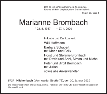 Traueranzeige von Marianne Brombach von Siegener Zeitung