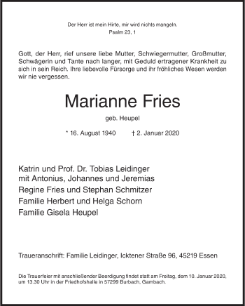 Traueranzeige von Marianne Fries von Siegener Zeitung