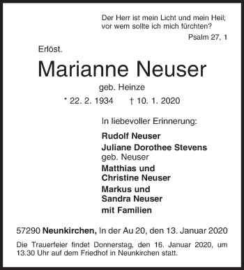 Traueranzeige von Marianne Neuser von Siegener Zeitung