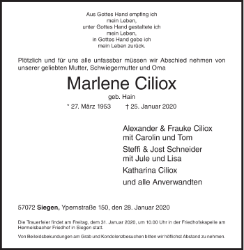 Traueranzeige von Marlene Ciliox von Siegener Zeitung