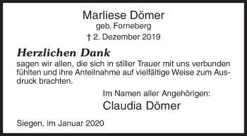Traueranzeige von Marliese Dömer von Siegener Zeitung