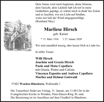 Traueranzeige von Marliese Hirsch von Siegener Zeitung
