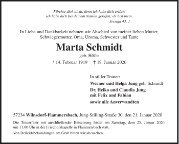 Traueranzeige von Marta Schmidt von Siegener Zeitung