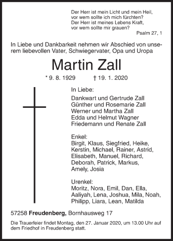 Traueranzeige von Martin Zall von Siegener Zeitung