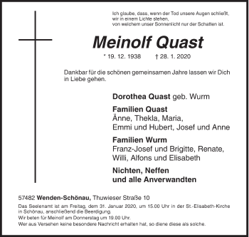 Traueranzeige von Meinolf Quast von Siegener Zeitung