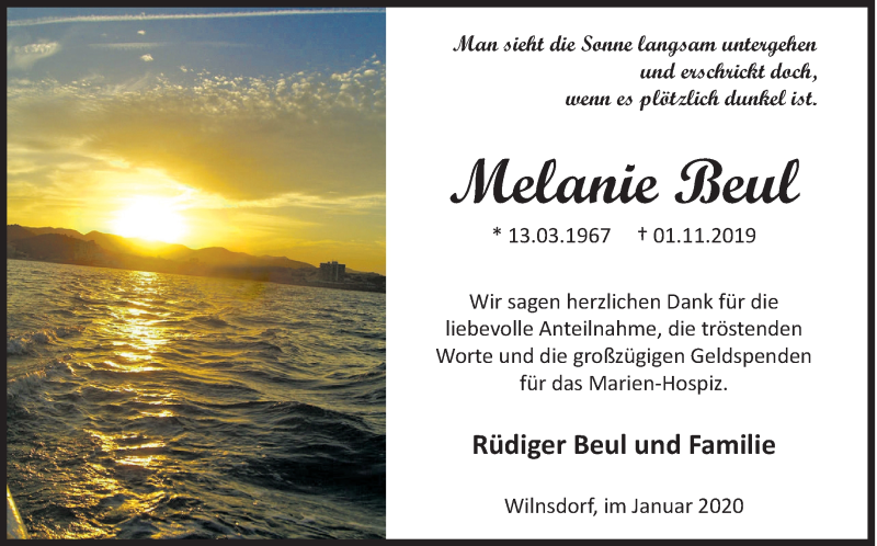  Traueranzeige für Melanie Beul vom 11.01.2020 aus Siegener Zeitung