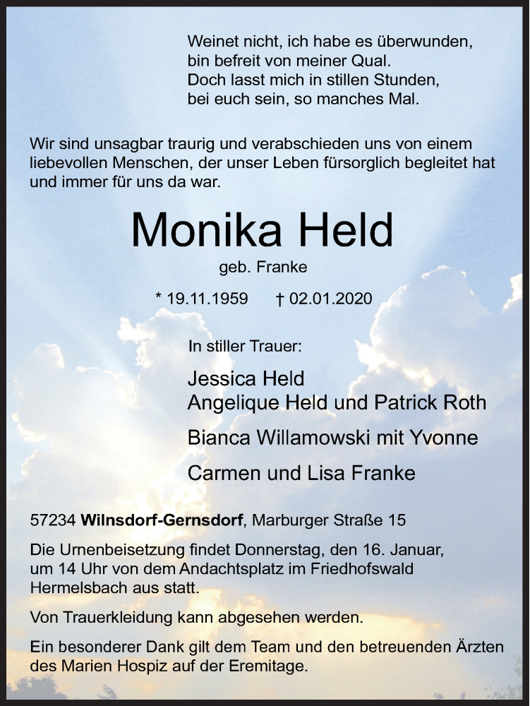  Traueranzeige für Monika Held vom 11.01.2020 aus Siegener Zeitung
