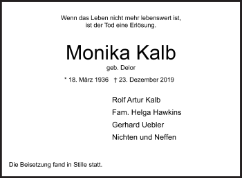 Traueranzeige von Monika Kalb von Siegener Zeitung