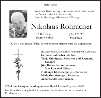 Traueranzeige von Nikolaus Rohracher von Siegener Zeitung