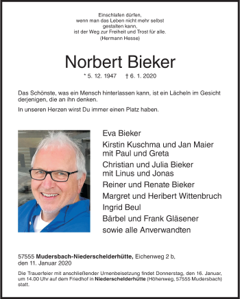 Traueranzeige von Norbert Bieker von Siegener Zeitung