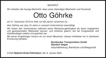 Traueranzeige von Otto Göhrke von Siegener Zeitung