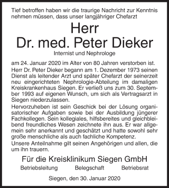Traueranzeige von Peter Dieker von Siegener Zeitung