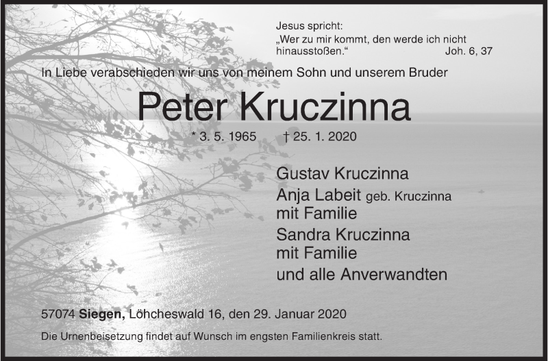  Traueranzeige für Peter Kruczinna vom 29.01.2020 aus Siegener Zeitung