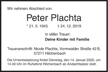 Traueranzeige von Peter Plachta von Siegener Zeitung