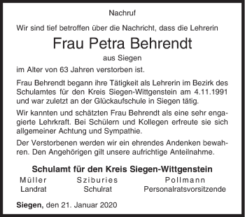Traueranzeige von Petra Behrendt von Siegener Zeitung