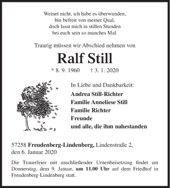 Traueranzeige von Ralf Still von Siegener Zeitung