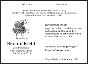 Traueranzeige von Renate Kiehl von Siegener Zeitung