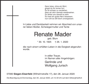Traueranzeige von Renate Mader von Siegener Zeitung